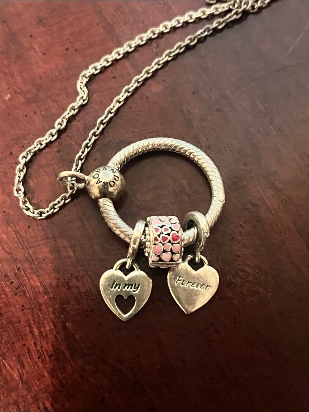 Pandora Silver Necklace with Pink Enamel Heart Charm and Double Heart Pendants